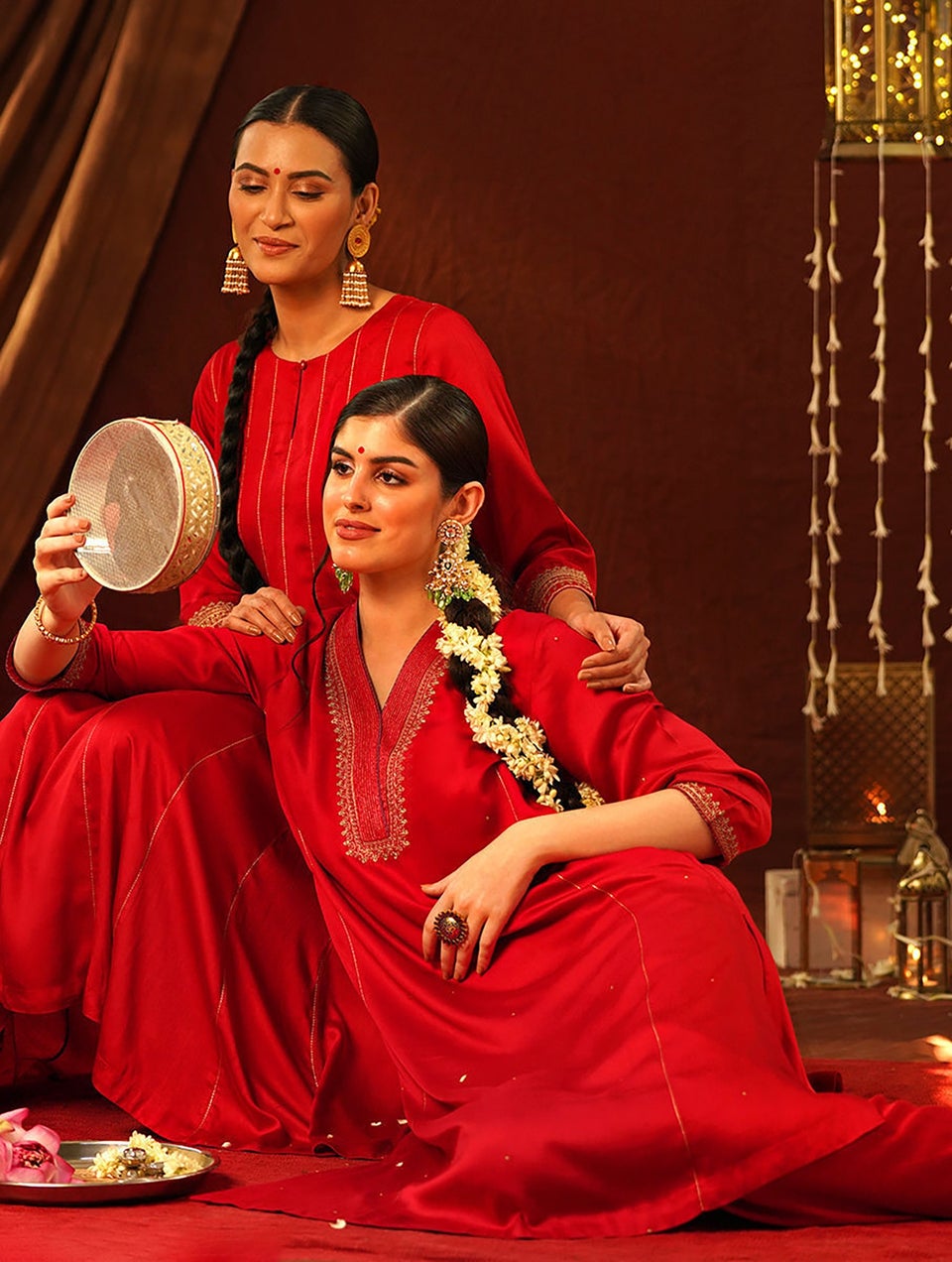 Women Red Modal Embroidered V Neck Straight Fit Kurta