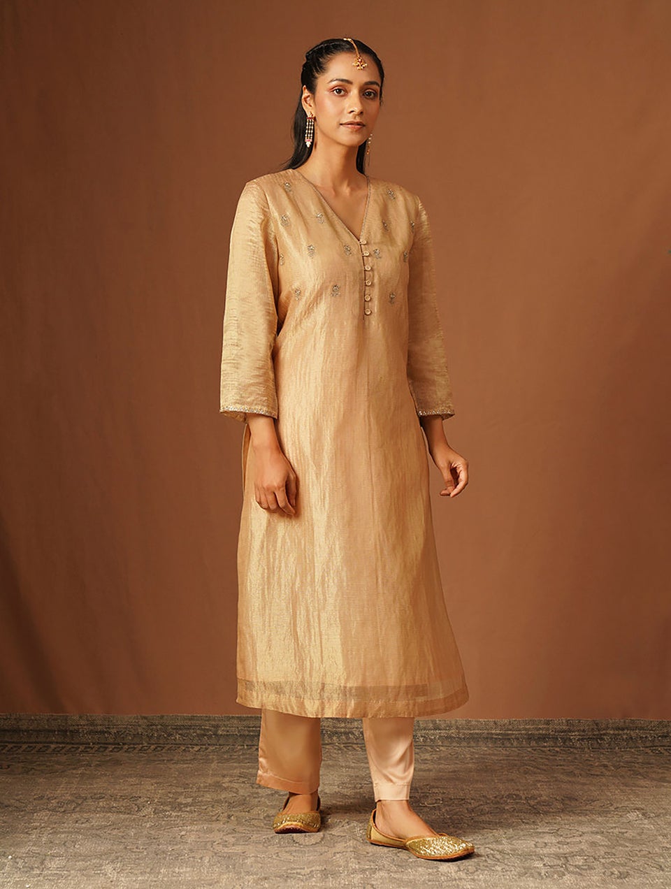 Women Nude Brown Cotton Silk Embroidered V Neck Straight Kurta With Pant