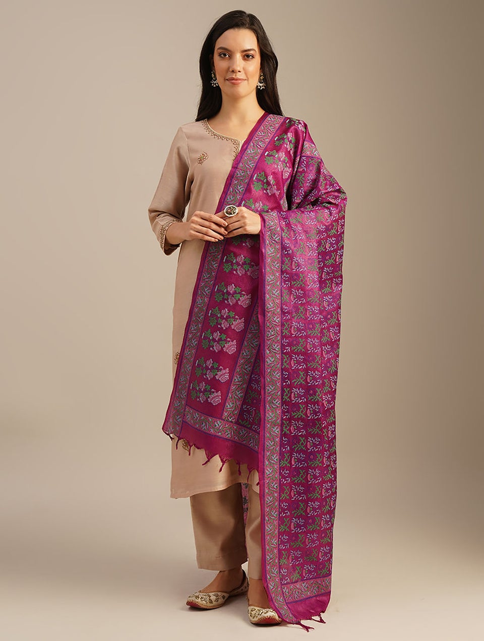 Women Pink Tussar Silk Block Print Dupatta