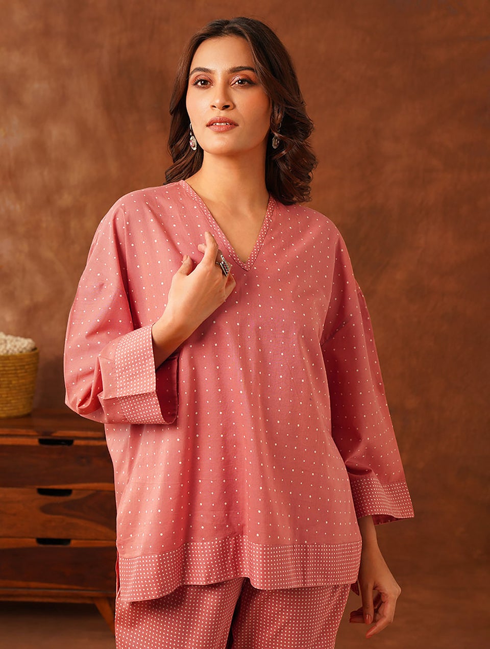 Women Pink Cotton Polka Dots V Neck Loose Fit Top