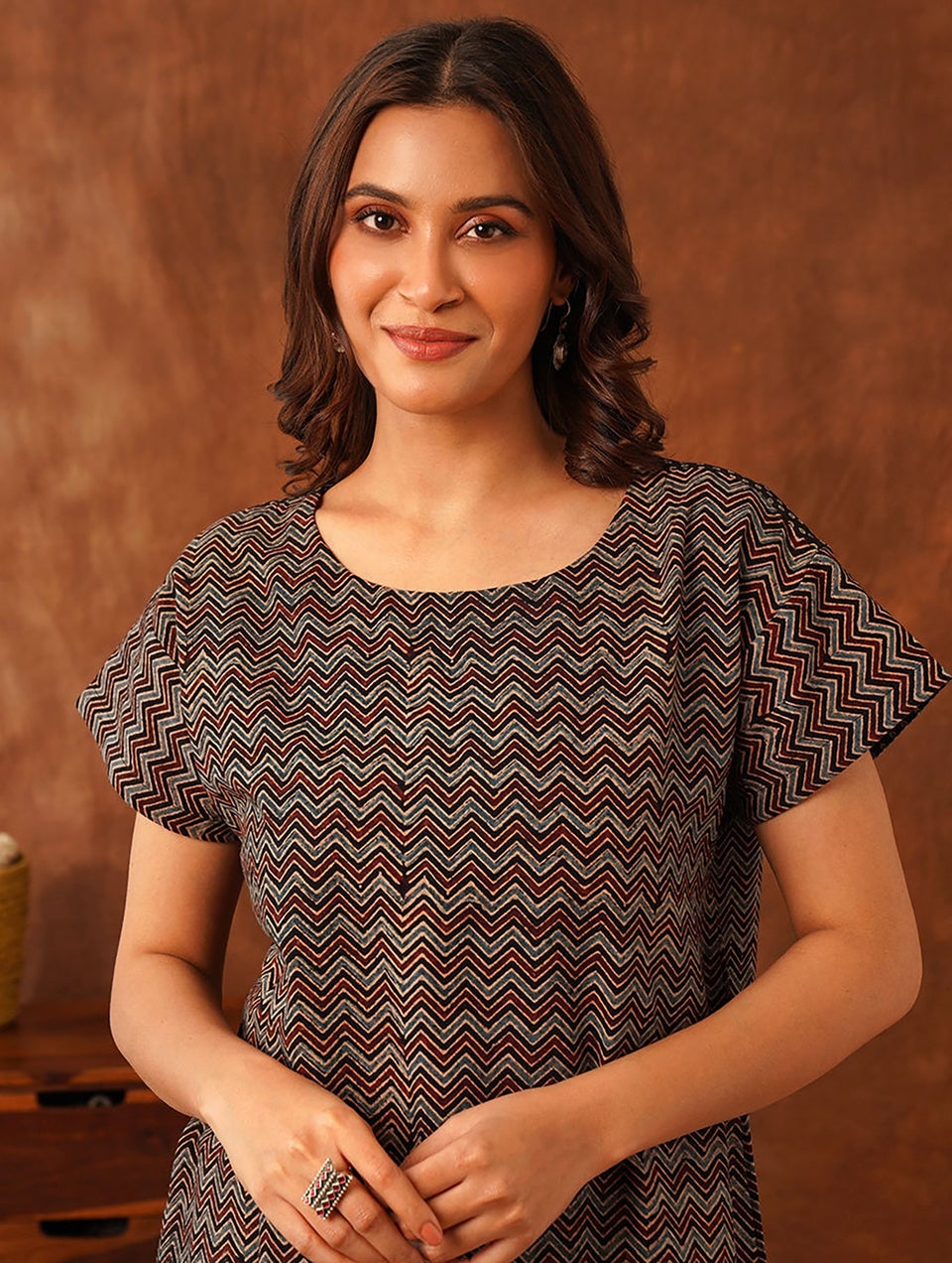 Women Multicolour Cotton Ajrakh Round Neck Straight Fit Kurta
