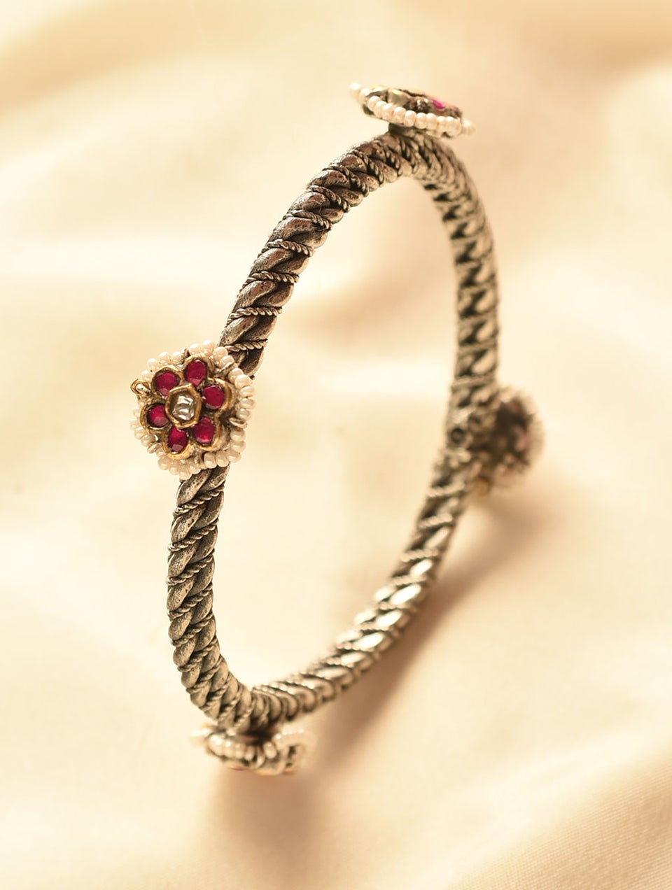 Women Silver Adjustable Brass,Synthetic Stones,Pearls Bangles