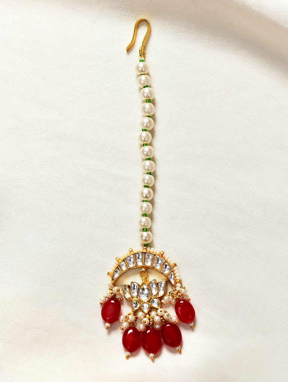 Women Gold Hook Oxidized Silver Brass, Faux Pearls, Synthetic Stones Maangtika