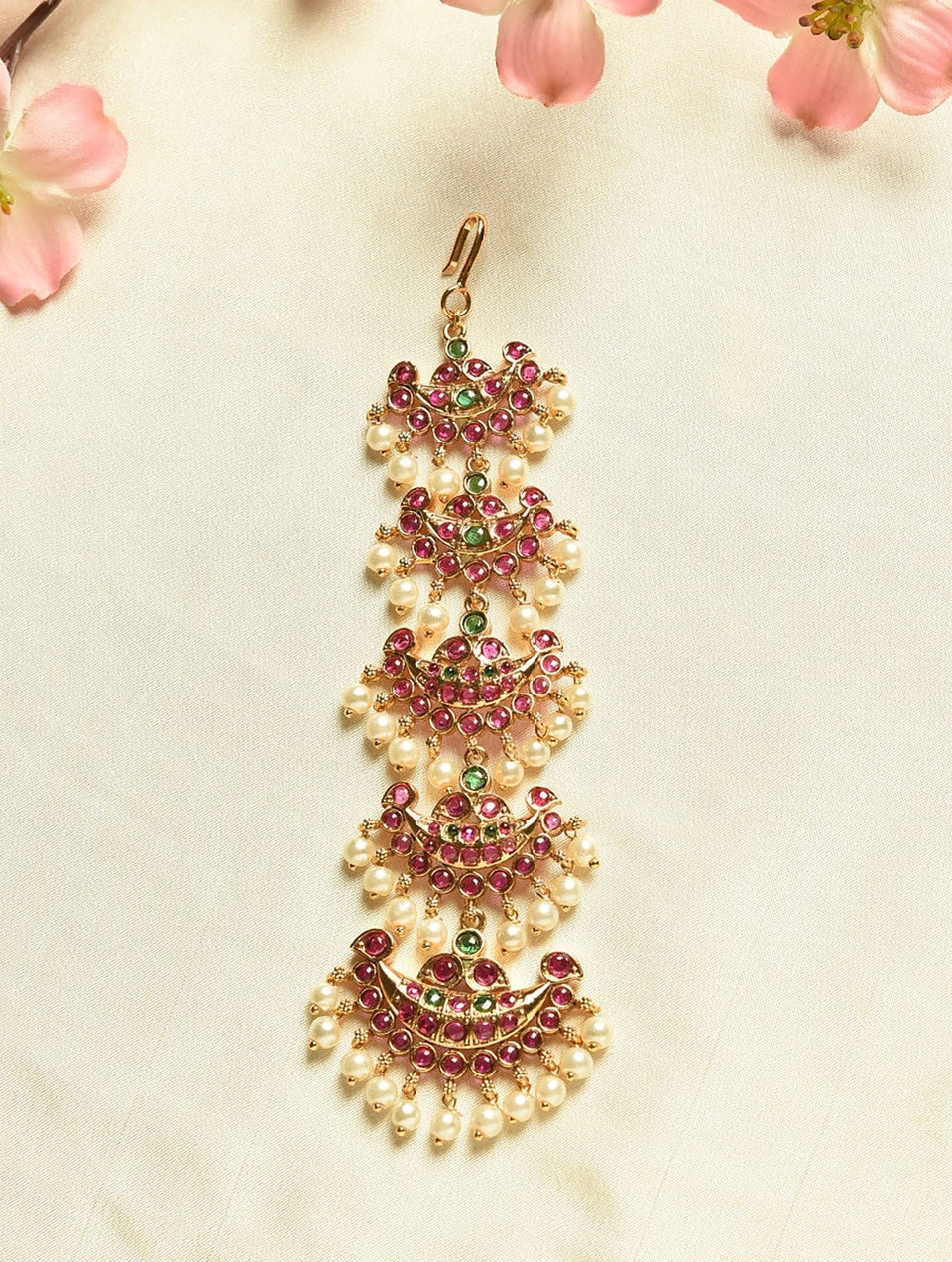 Women Antique Gold Hook Oxidized Silver Brass. Synthetic Stones, Faux Pearls Maangtika
