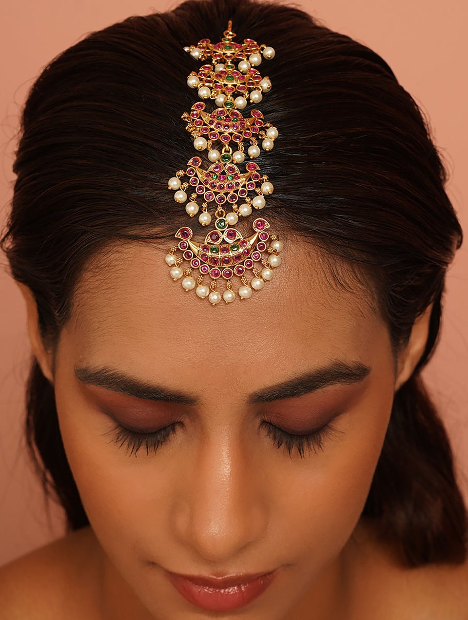 Women Antique Gold Hook Oxidized Silver Brass. Synthetic Stones, Faux Pearls Maangtika