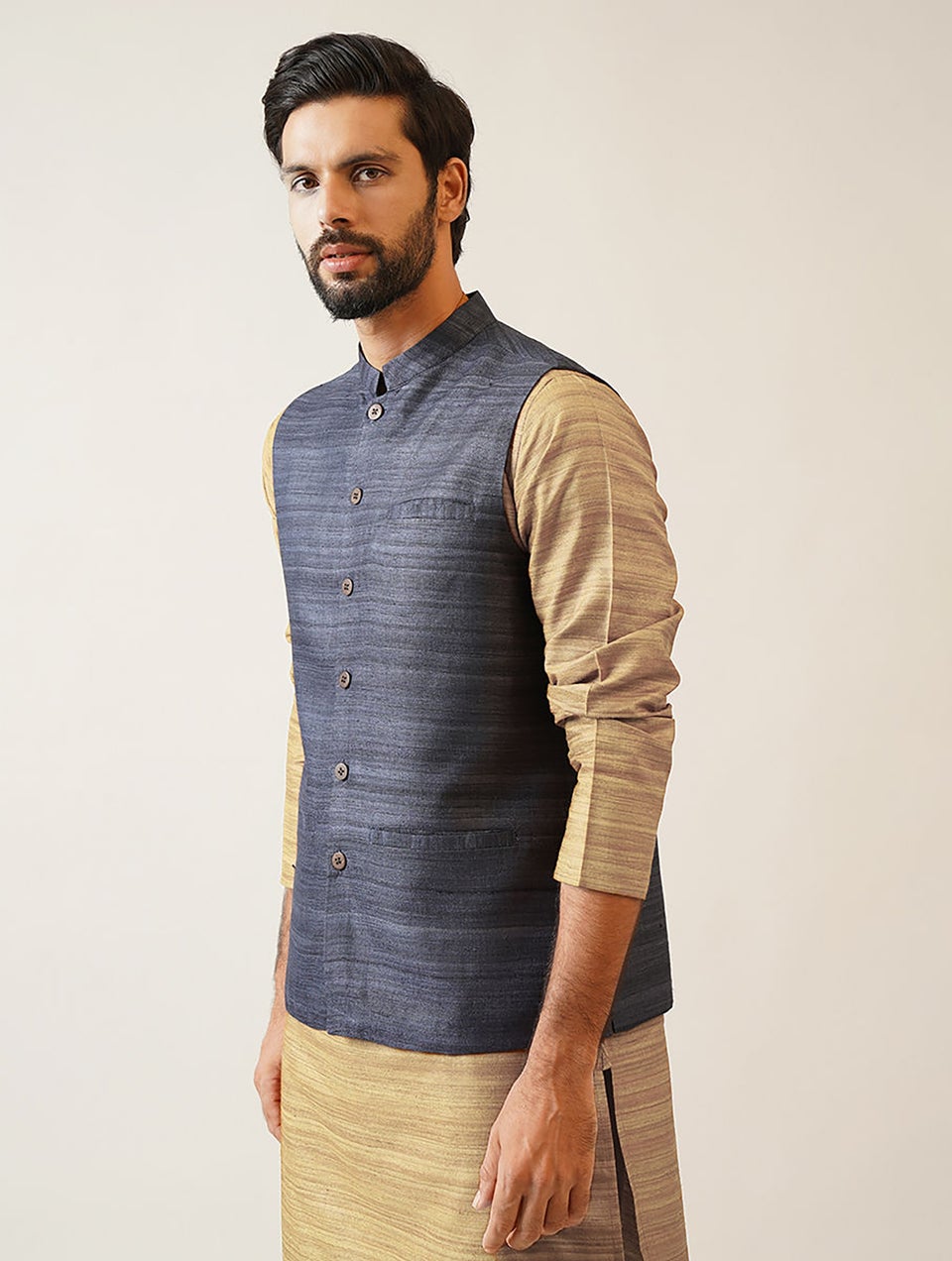 Men Navy Blue Ghicha Silk Hand Woven Mandarin Collar Regular Fit Nehru Jacket