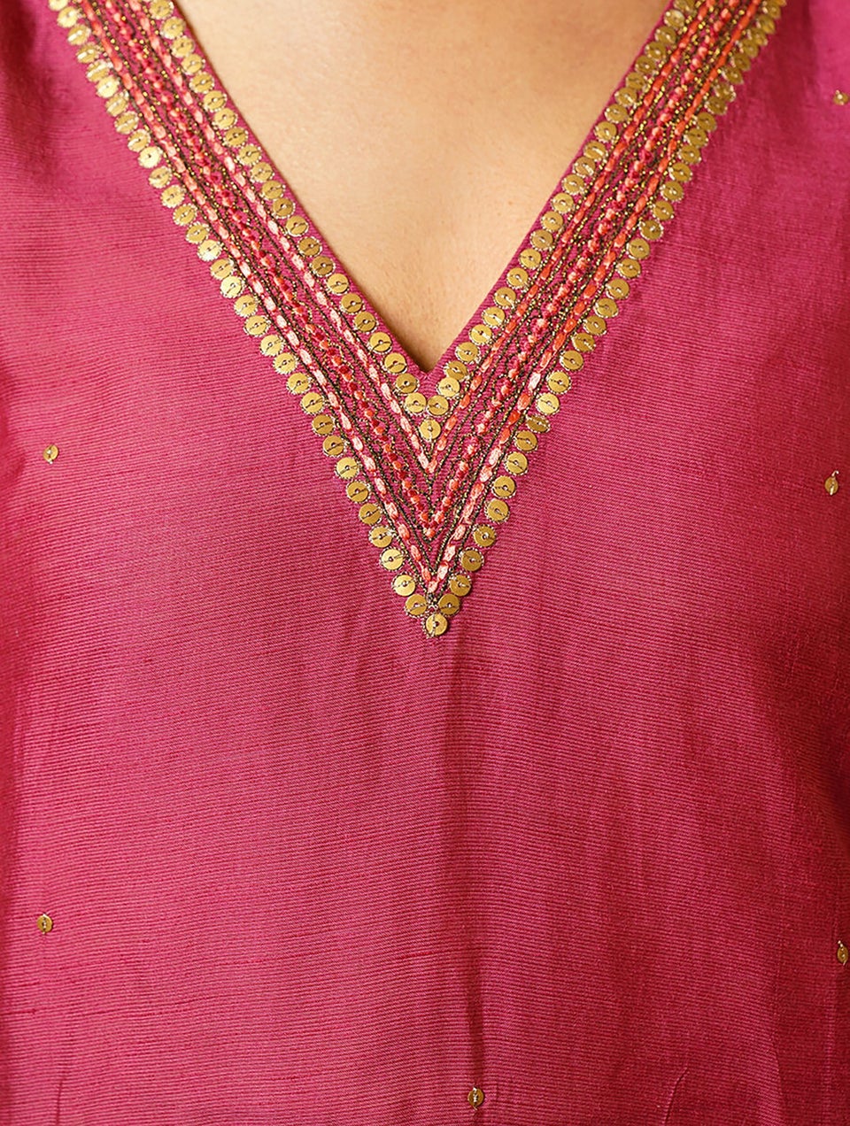 Women Pink Cotton Silk Hand Embroidery V Neck A Line Kurta With Salwar - XS