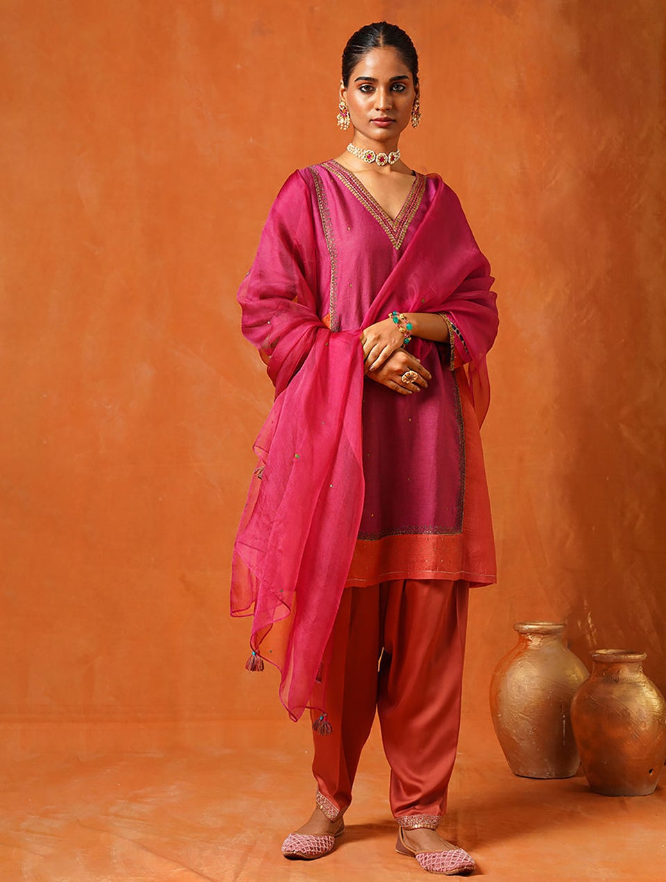 Women Pink Cotton Silk Hand Embroidery V Neck A Line Kurta With Salwar - XS