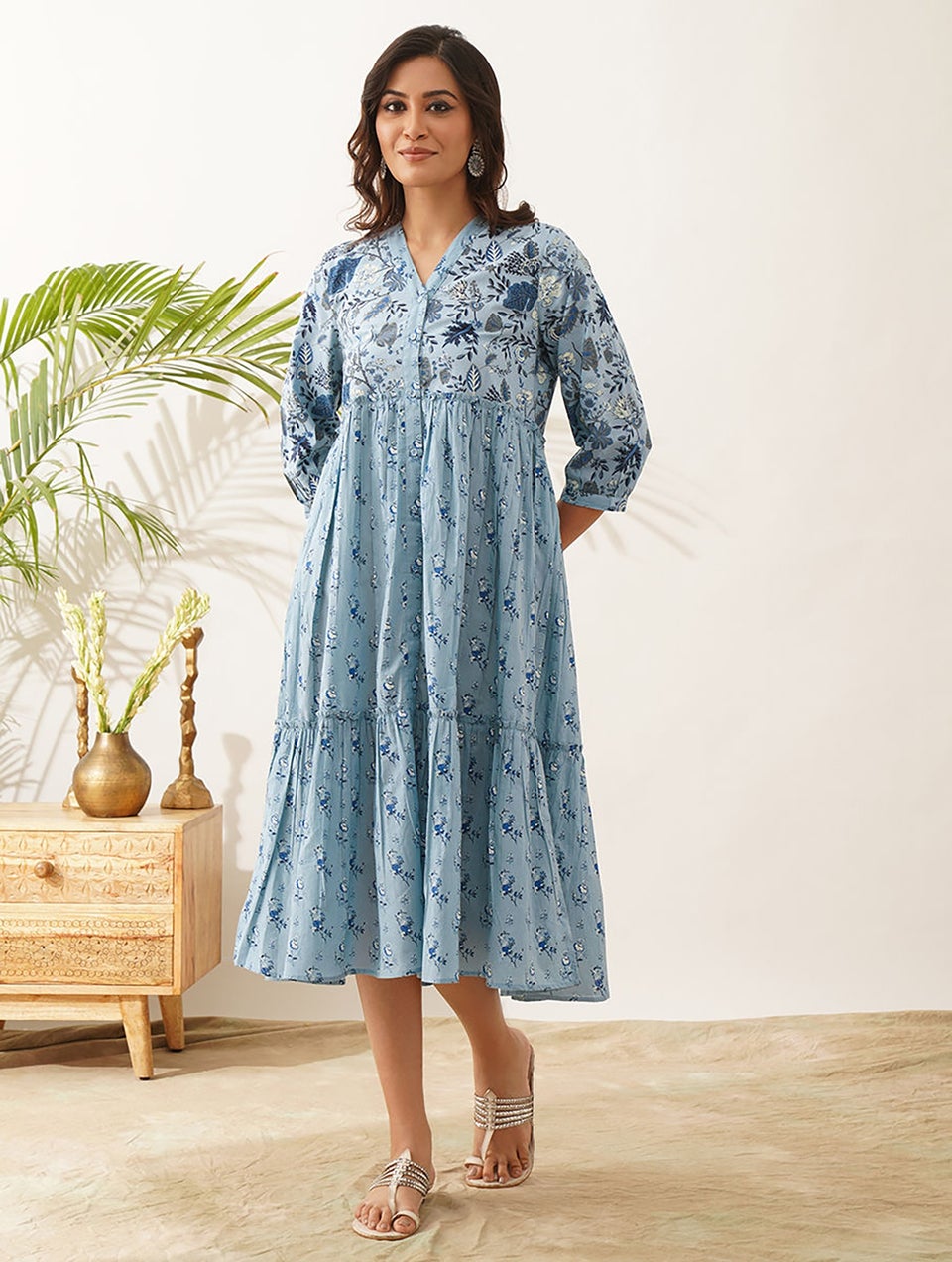 Women Blue Cotton Printed V Neck Printed Dress - XS