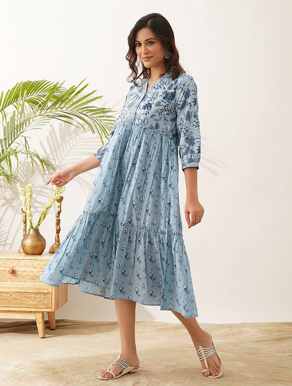 Women Blue Cotton Printed V Neck Printed Dress - XS