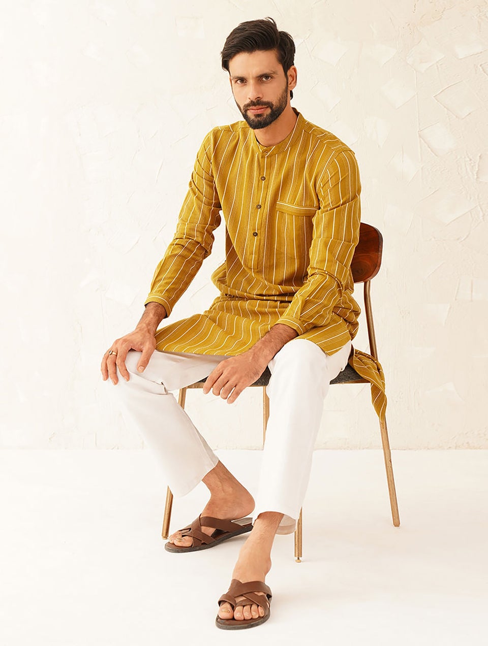 Men Mustard Yellow Cotton Mandarin Collar Straight Fit Kurta - 38