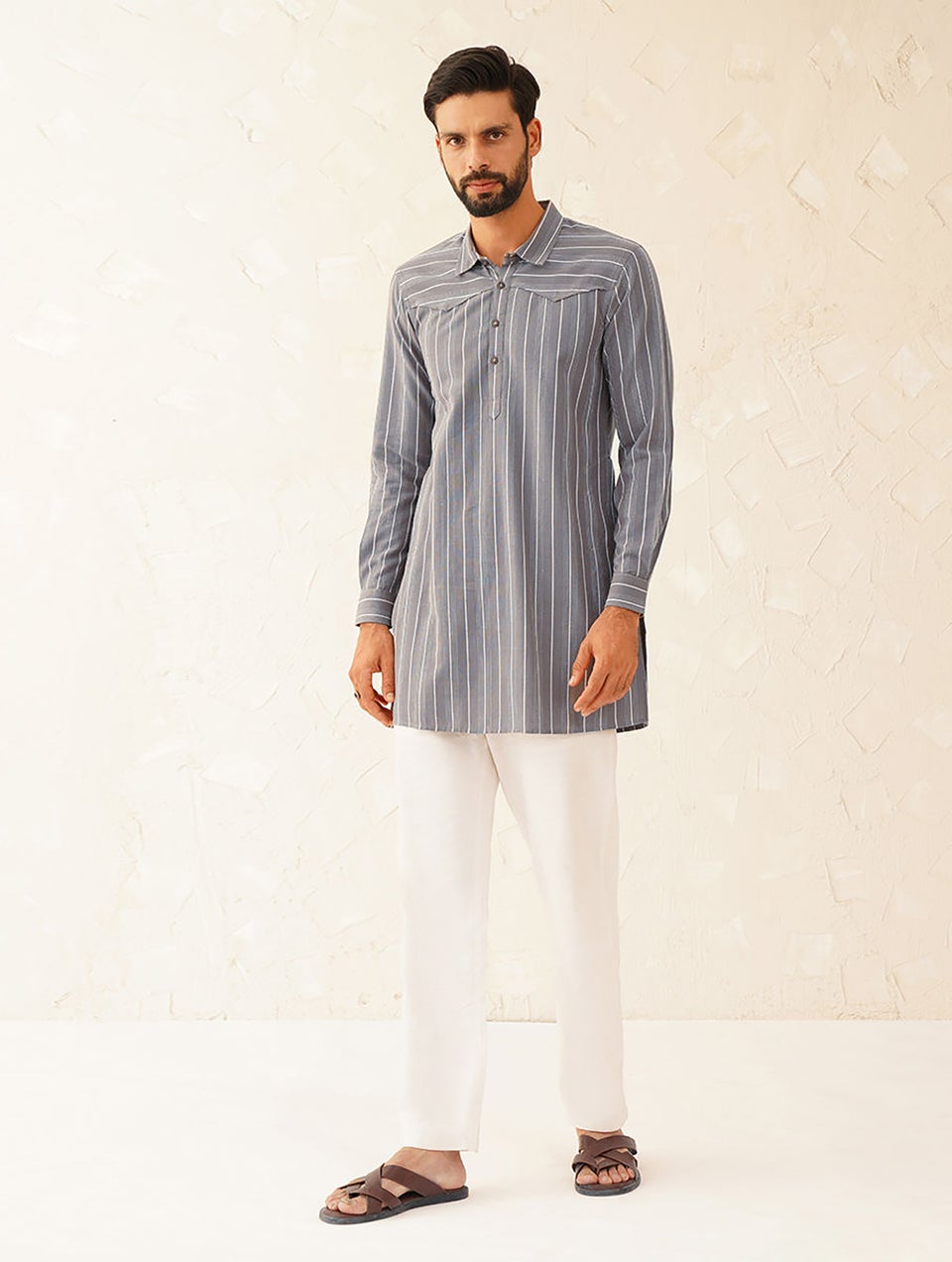 Men Grey Cotton Shirt Collar Straight Fit Kurta - 38