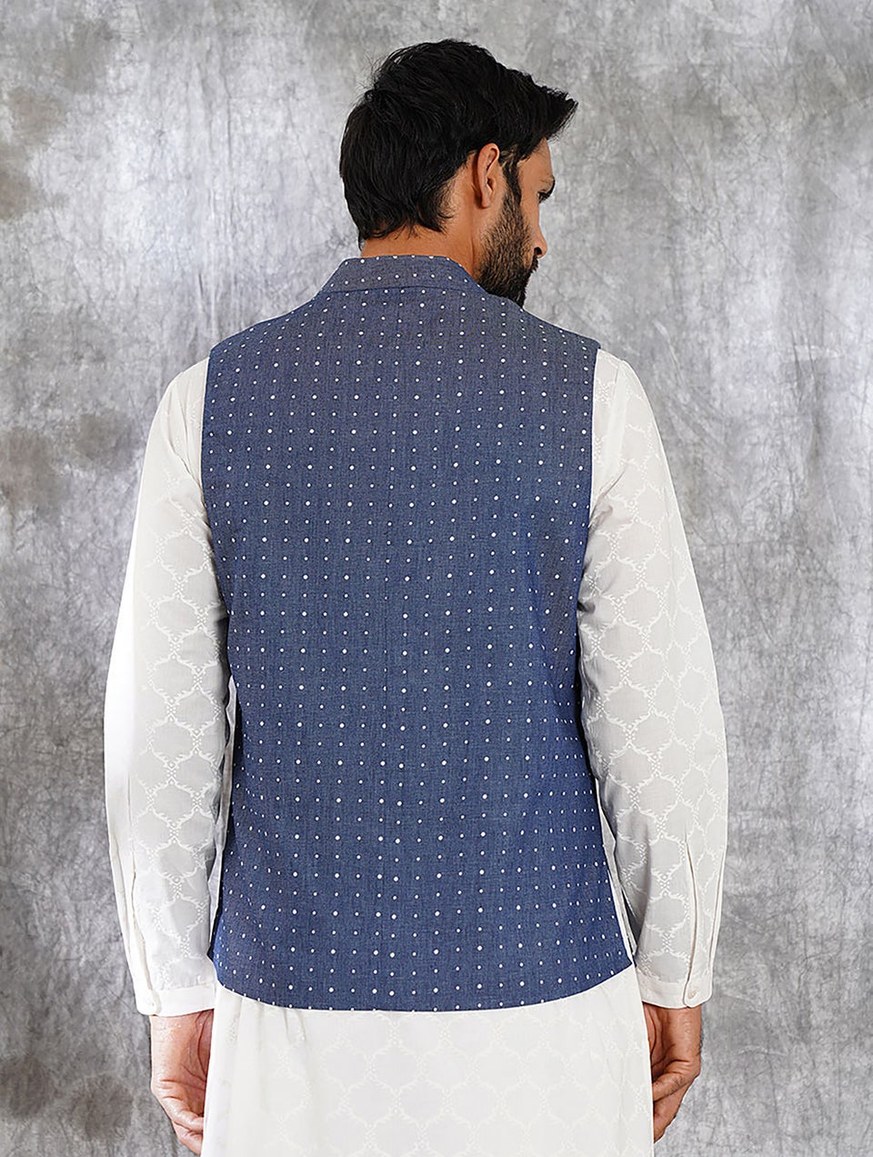 Men Blue Denim Printed Mandarin Collar Regular Fit Jacket - 38