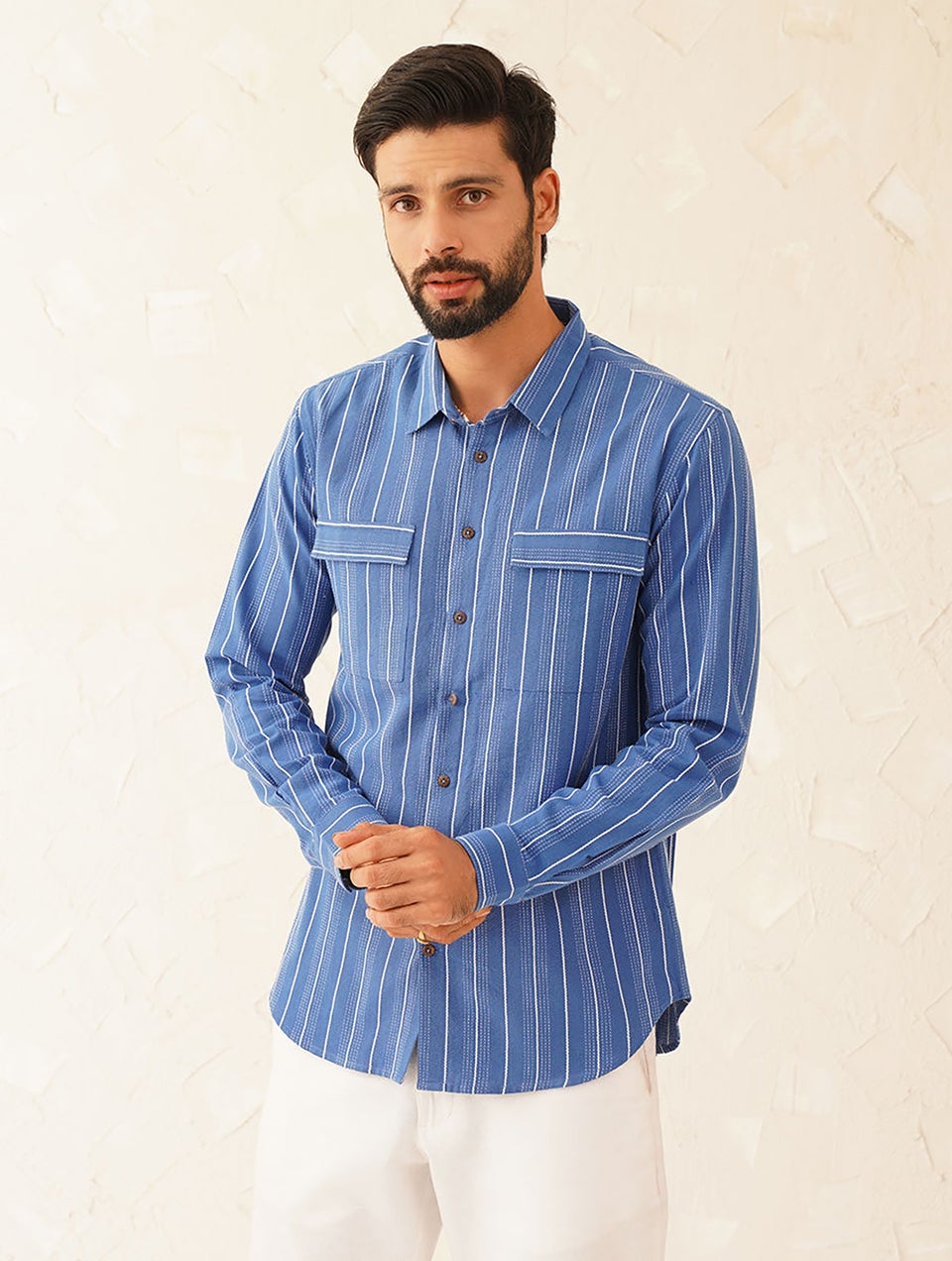 Men Blue Cotton Self Design Shirt Collar Regular Fit Shirt - 42