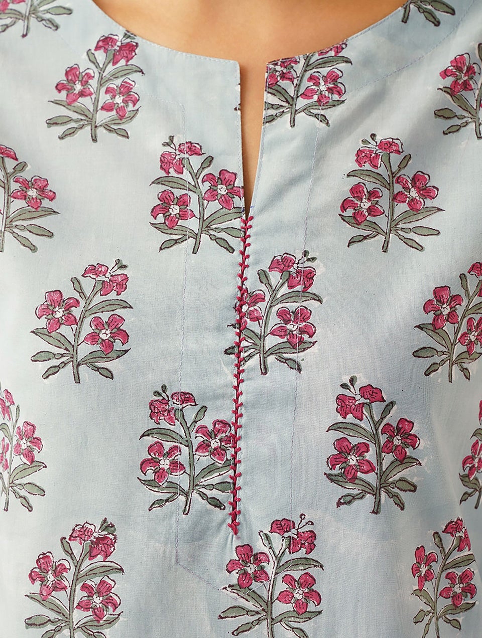 Women Blue Cotton Block Print Round Neck Straight Fit Kurta - XS