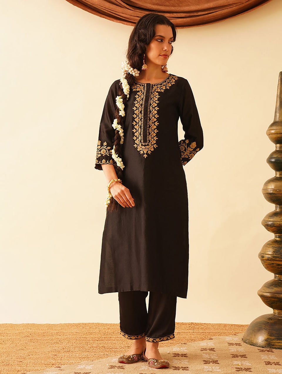 Women Black Cotton Silk Embroidered Round Neck Straight Kurta With Pant - XS