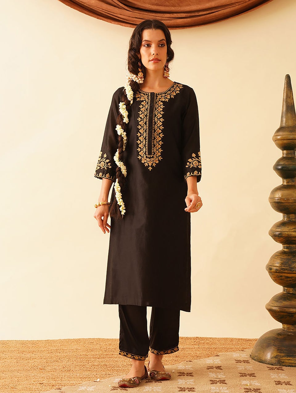 Women Black Cotton Silk Embroidered Round Neck Straight Kurta With Pant - XS