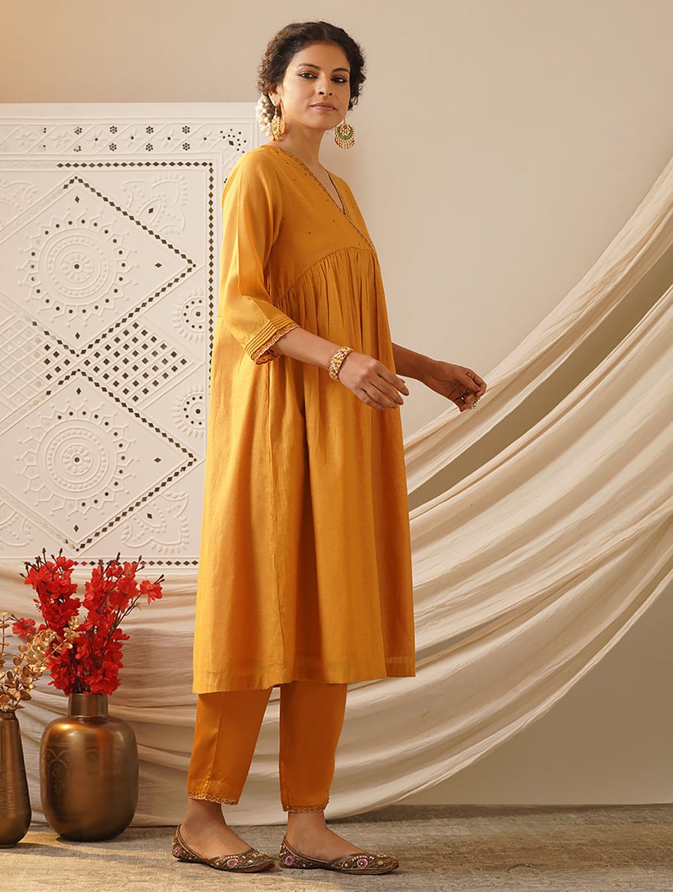 Women Mustard Yellow Embroidered V Neck A Line Kurta With Pant - L