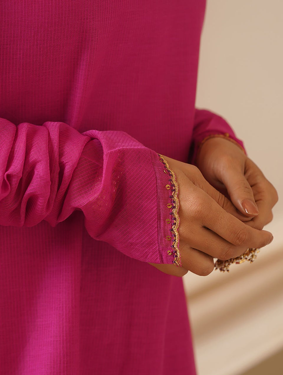 Women Pink Cotton Silk Embroidered Round Neck Straight Kurta With Pant - S