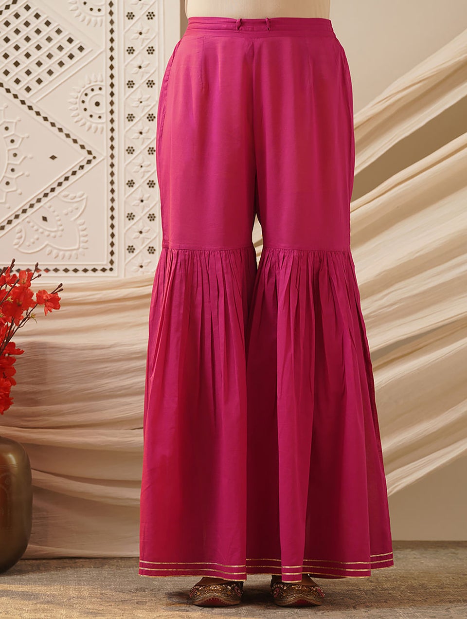 Women Pink Cotton Silk Embroidered Round Neck Straight Kurta With Pant - S