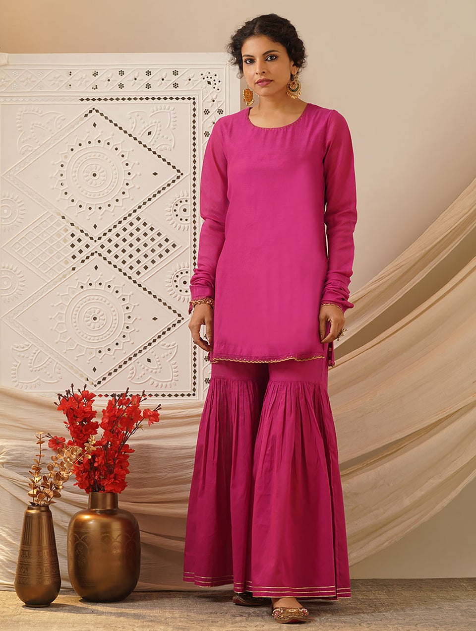 Women Pink Cotton Silk Embroidered Round Neck Straight Kurta With Pant - S
