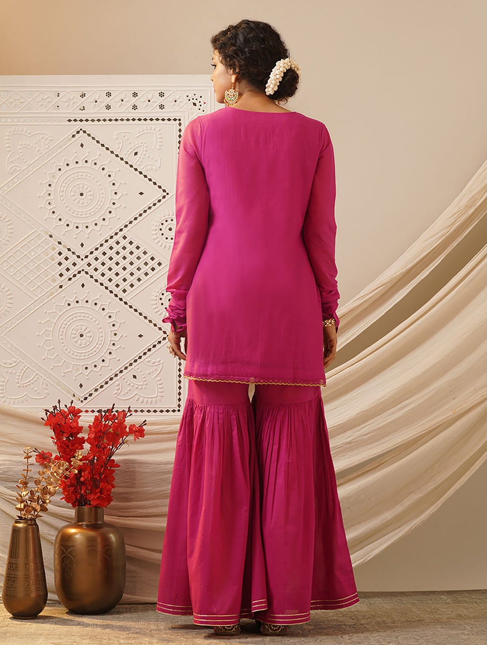 Women Pink Cotton Silk Embroidered Round Neck Straight Kurta With Pant - S