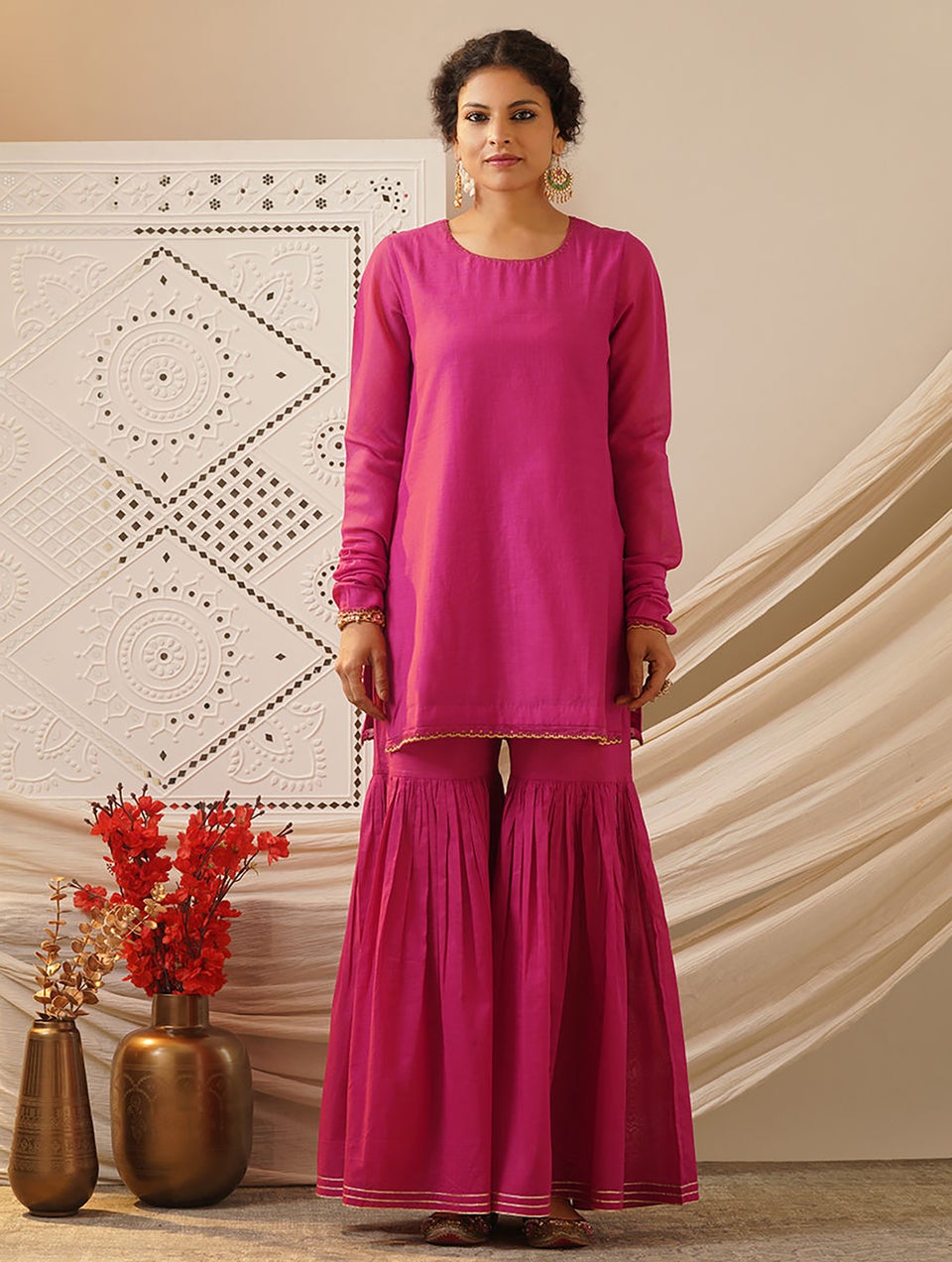 Women Pink Cotton Silk Embroidered Round Neck Straight Kurta With Pant - S