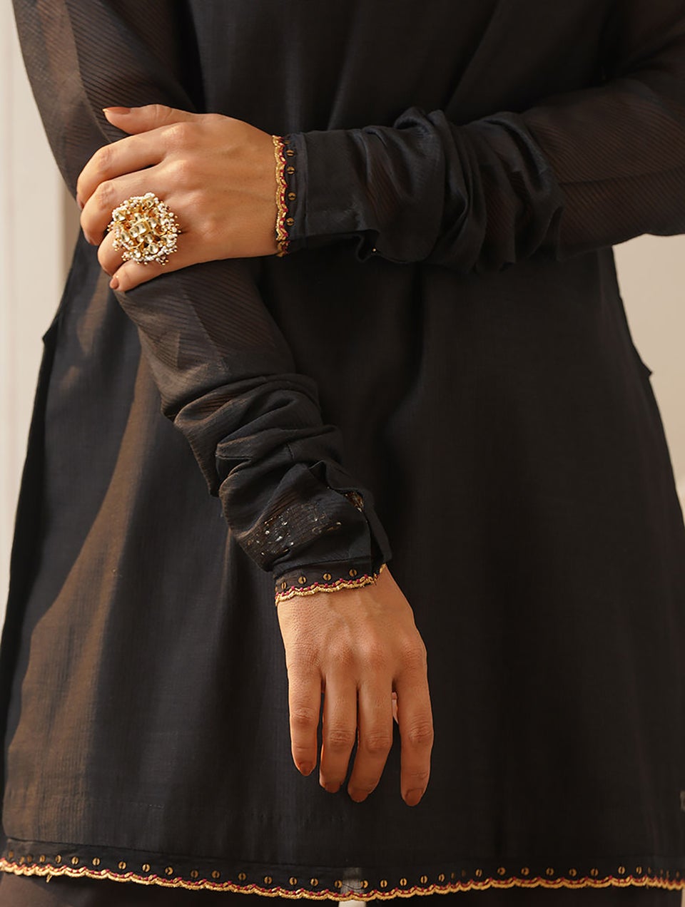 Women Black Cotton Silk Embroidered Round Neck Kurta With Pant - XS
