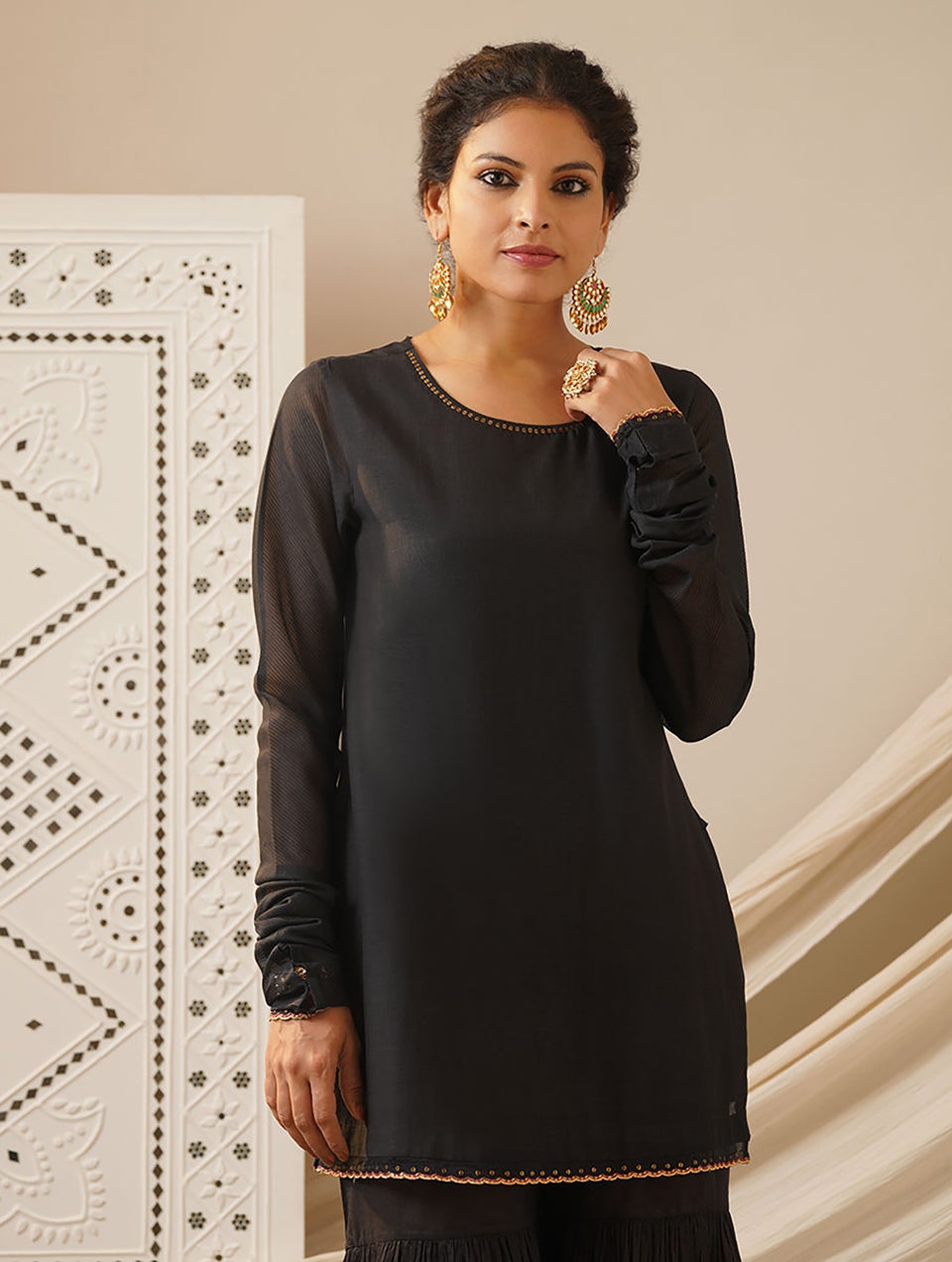 Women Black Cotton Silk Embroidered Round Neck Kurta With Pant - XS