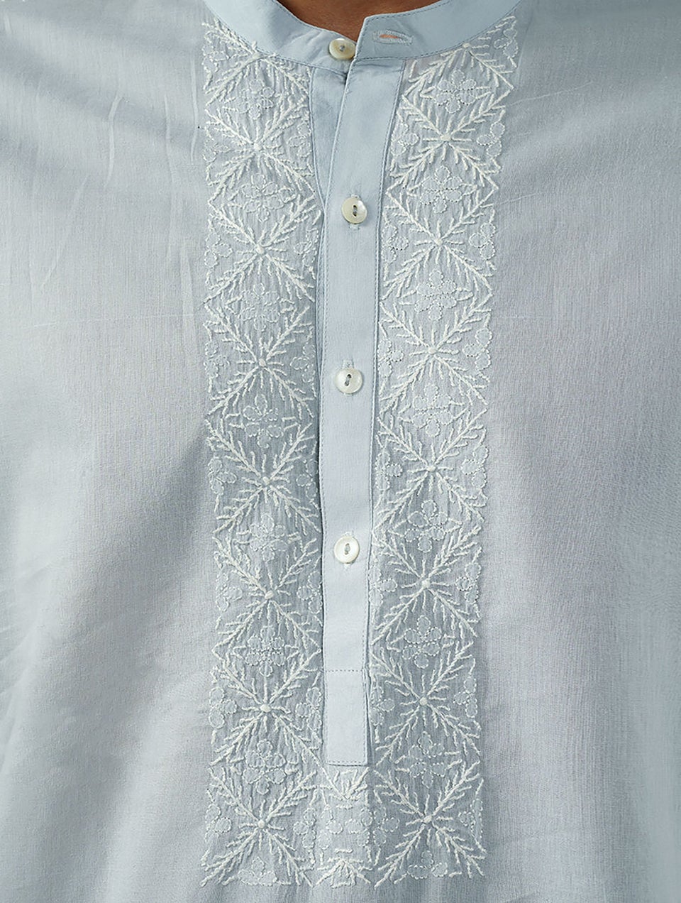 Men Blue Cotton Chikankari Mandarin Collar Straight Fit Kurta - L