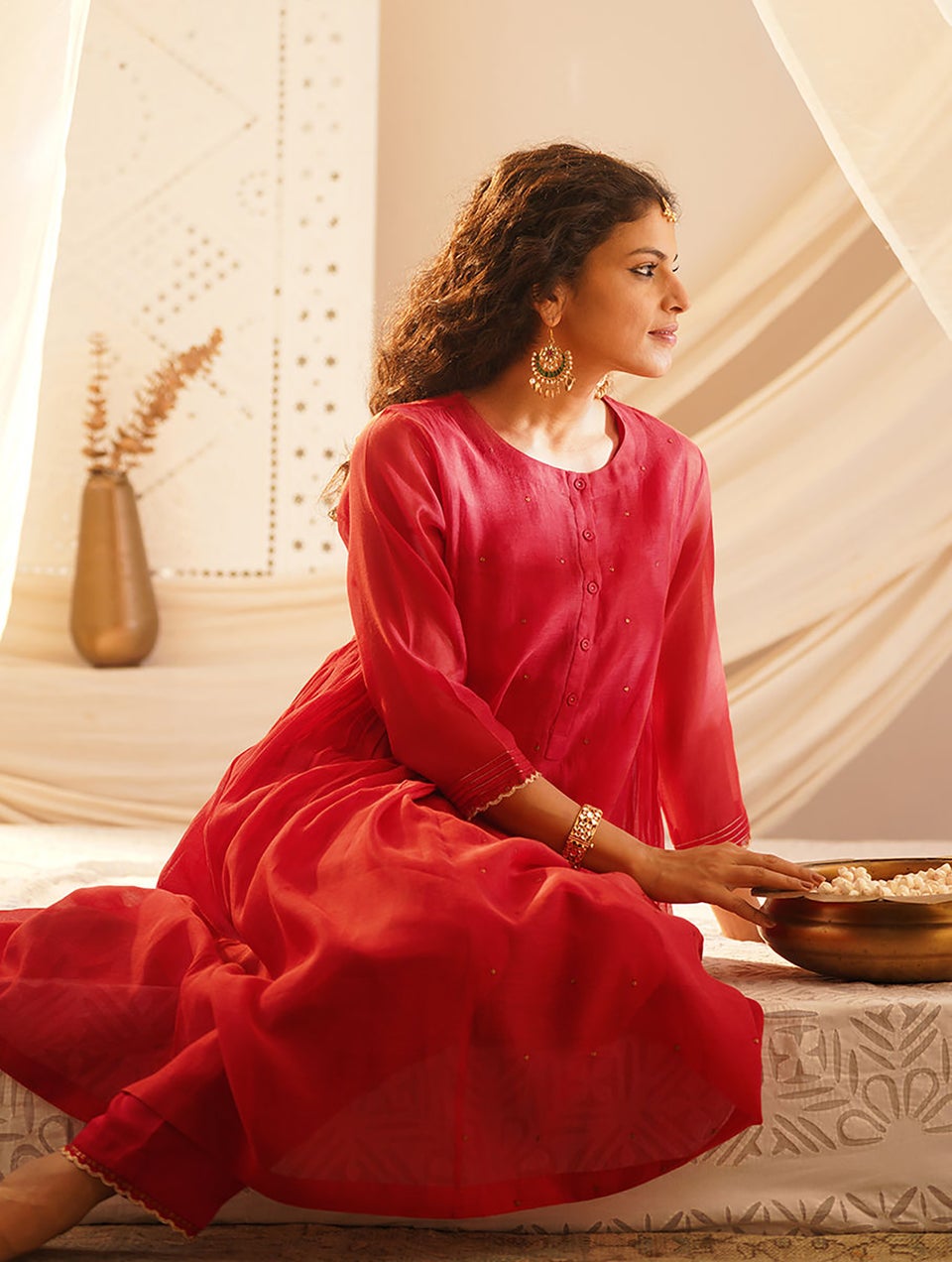 Women Red Cotton Silk Embroidered Round Neck A Line Kurta Slip Pant