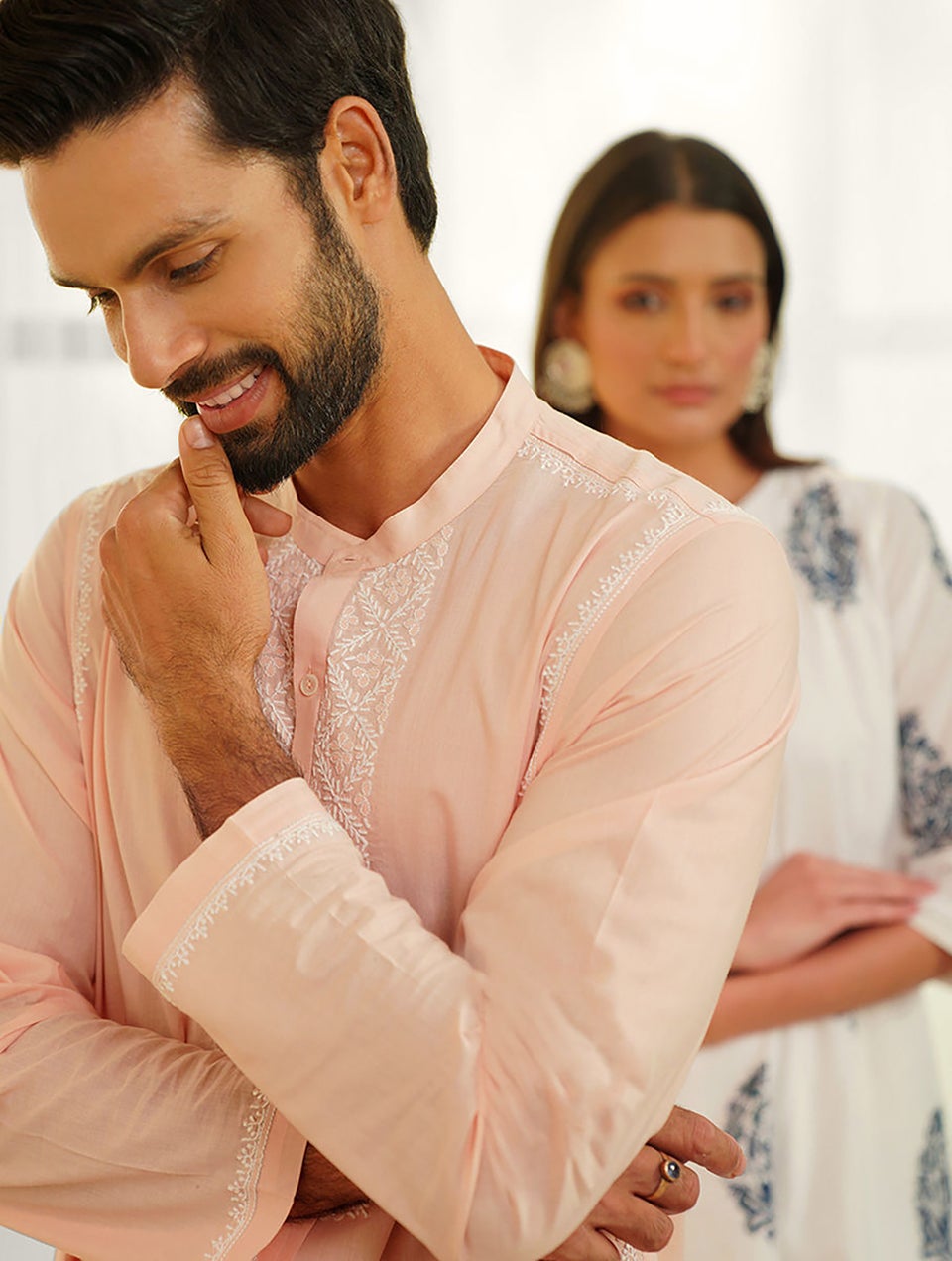 Men Peach Orange Cotton Chikankari Mandarin Collar Straight Fit Kurta - S