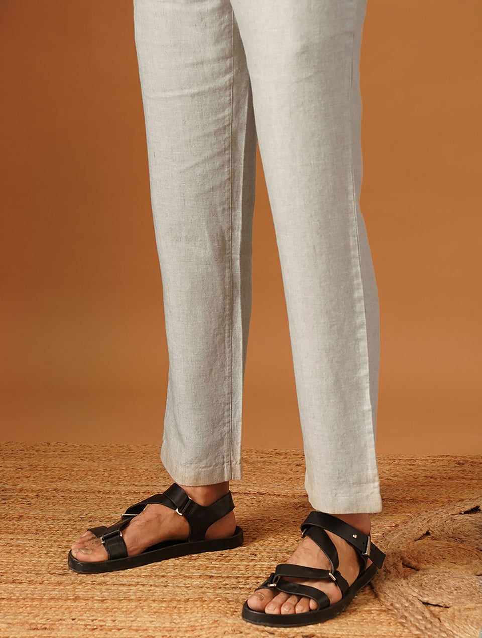 Men Natural White Linen Solid Ankle Length Straight Fit Pant - S