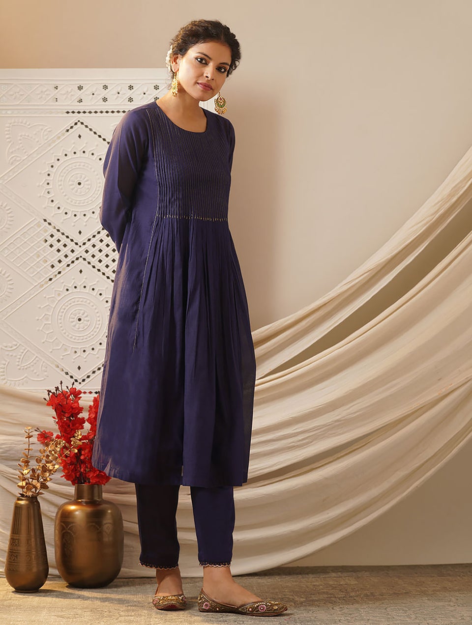 Women Wine Purple Cotton Silk Embroidered Round Neck A Line Kurta , Slip & Pant - XL