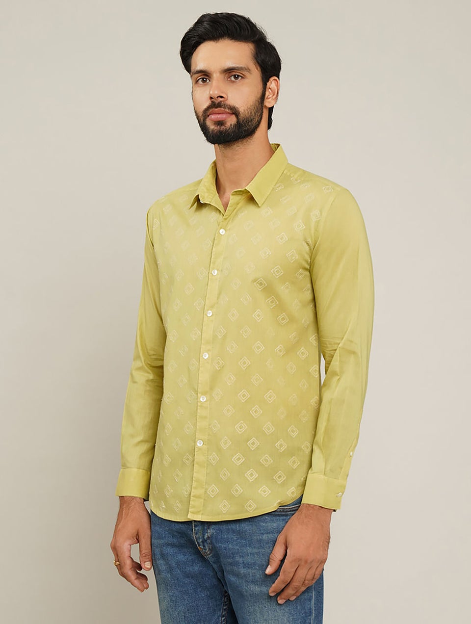 Men Green Cotton Embroidered Shirt Collar Regular Fit Shirt - S