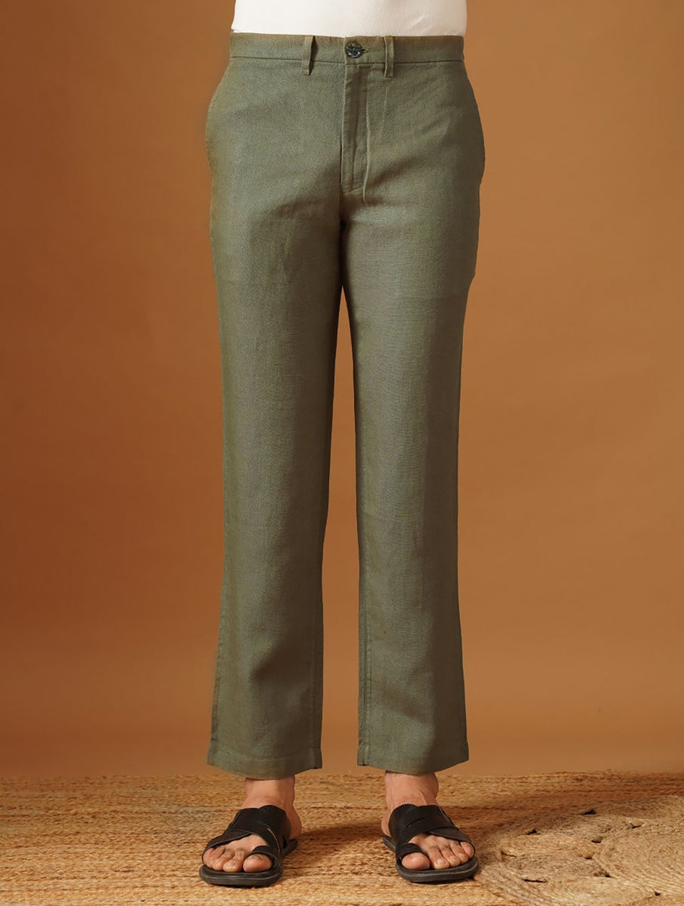 Jaypore Men Olive Green Linen Solid Ankle Length Straight Fit Pant XXL