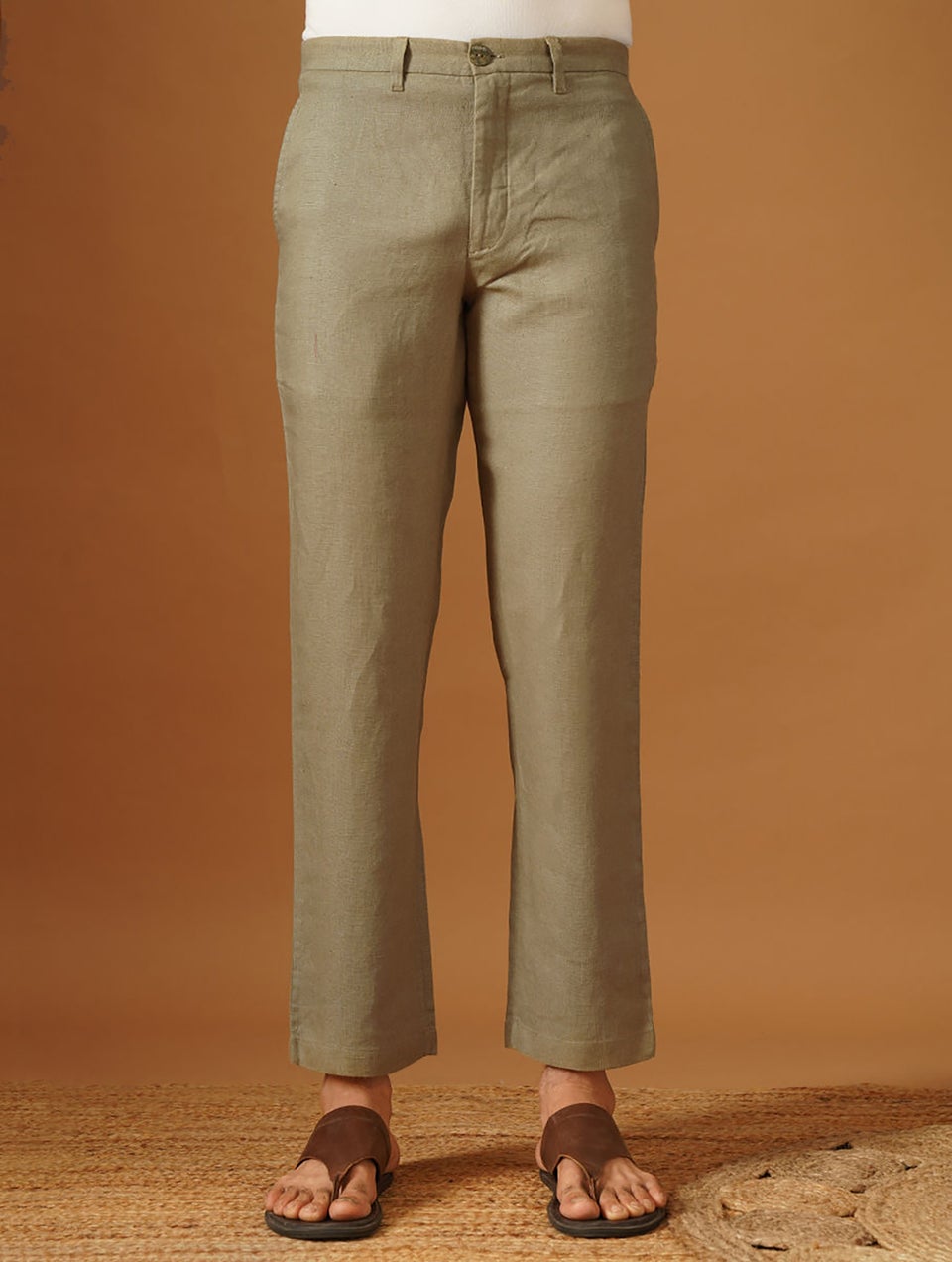 Men Beige Brown Linen Solid Ankle Length Straight Fit Pant - XL