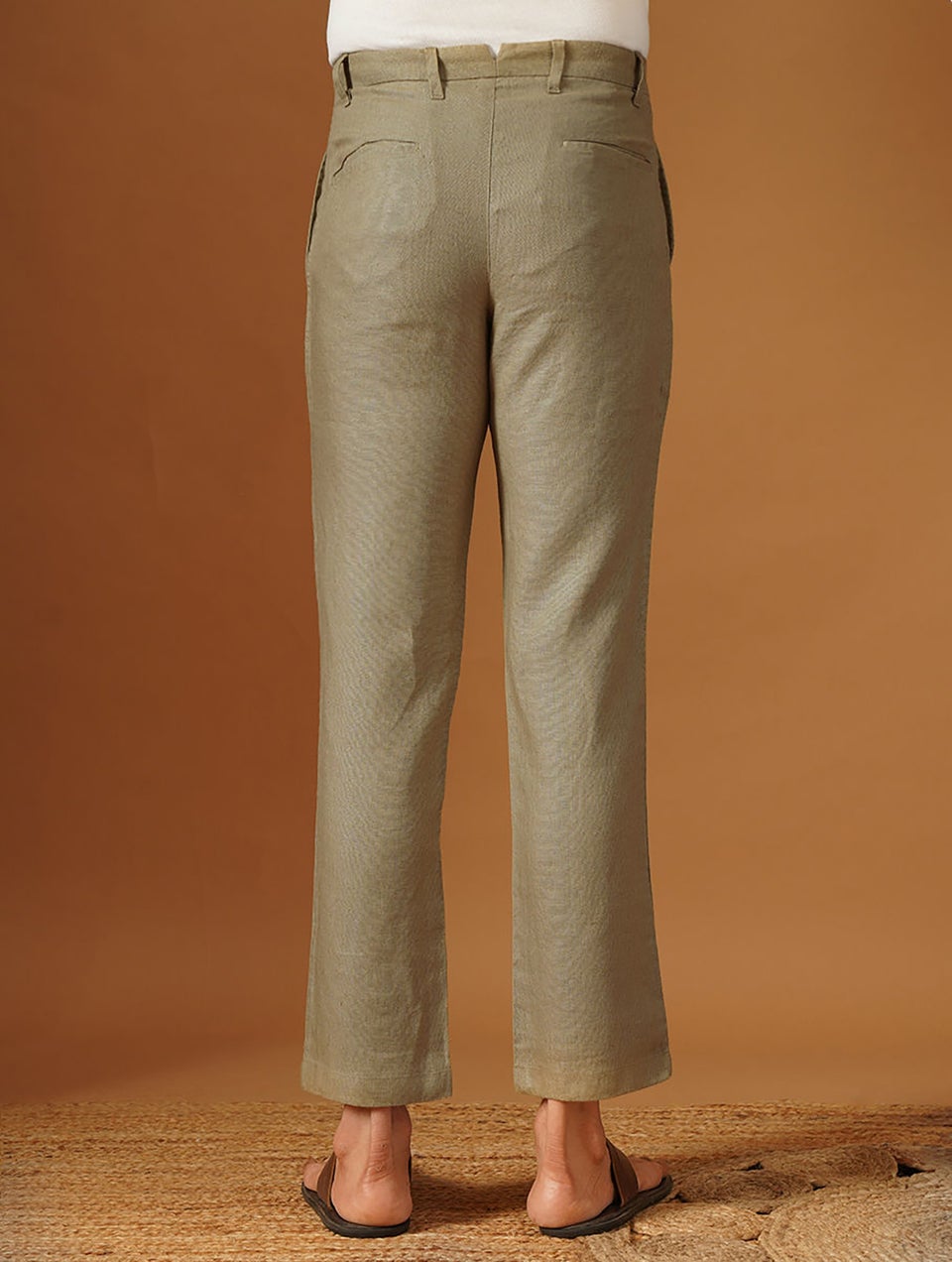 Men Beige Brown Linen Solid Ankle Length Straight Fit Pant - XL