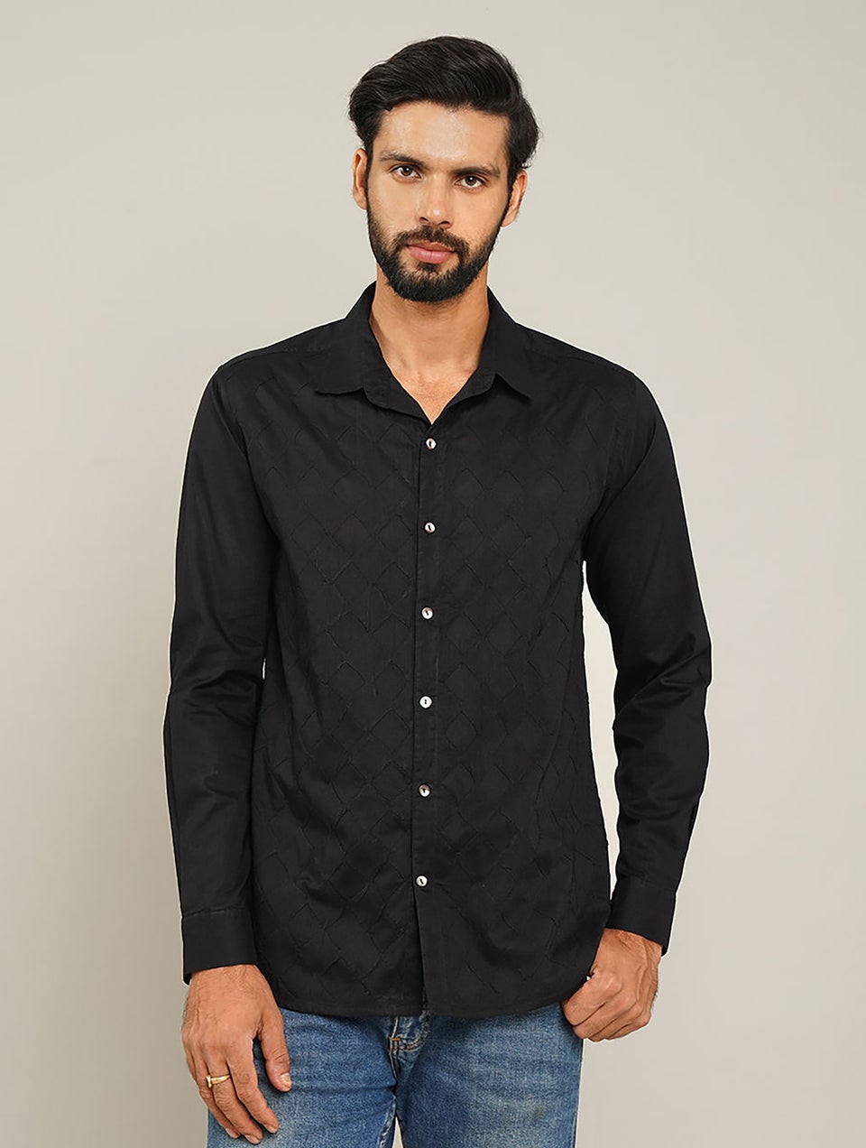 Men Black Cotton Applique Shirt Collar Regular Fit Shirt - S