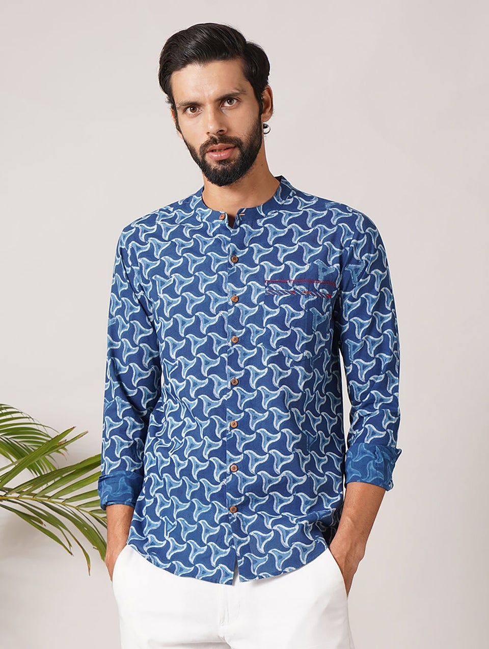 Men Indigo Blue Cotton Dabu Round Neck Regular Fit Kurta - 46