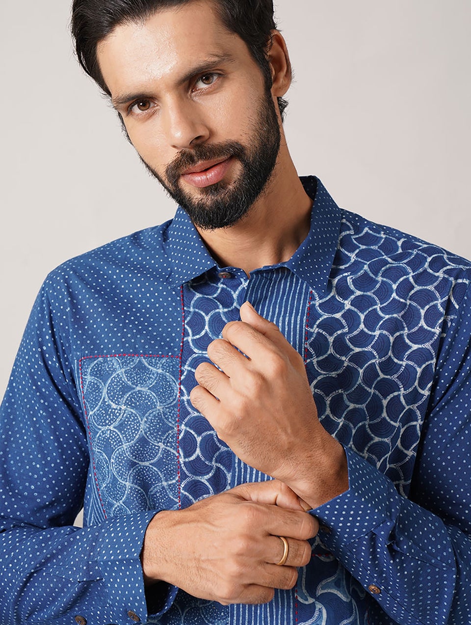 Men Indigo Blue Cotton Printed Collar Neck Regular Fit Shirt - 40