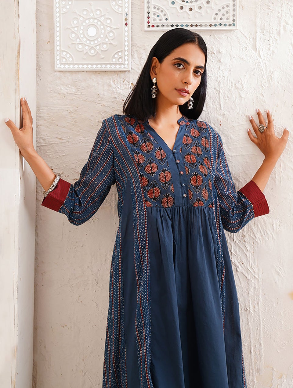Jaypore Women Indigo Natural Dyed Ajrakh Printed Cotton Kurta With Gathers 855