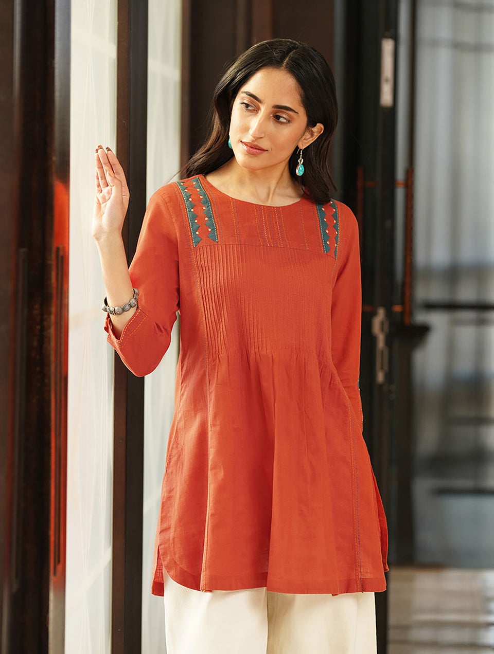 Women Red Cotton Applique Round Neck Regular Fit Tunic Jaypore US