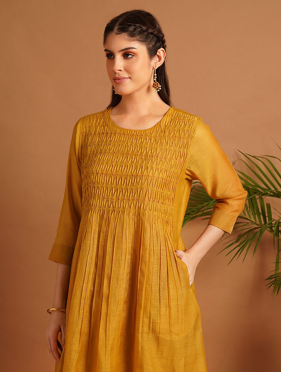 Women Mustard Yellow Silk Cotton Round Neck Flared Kurta - S