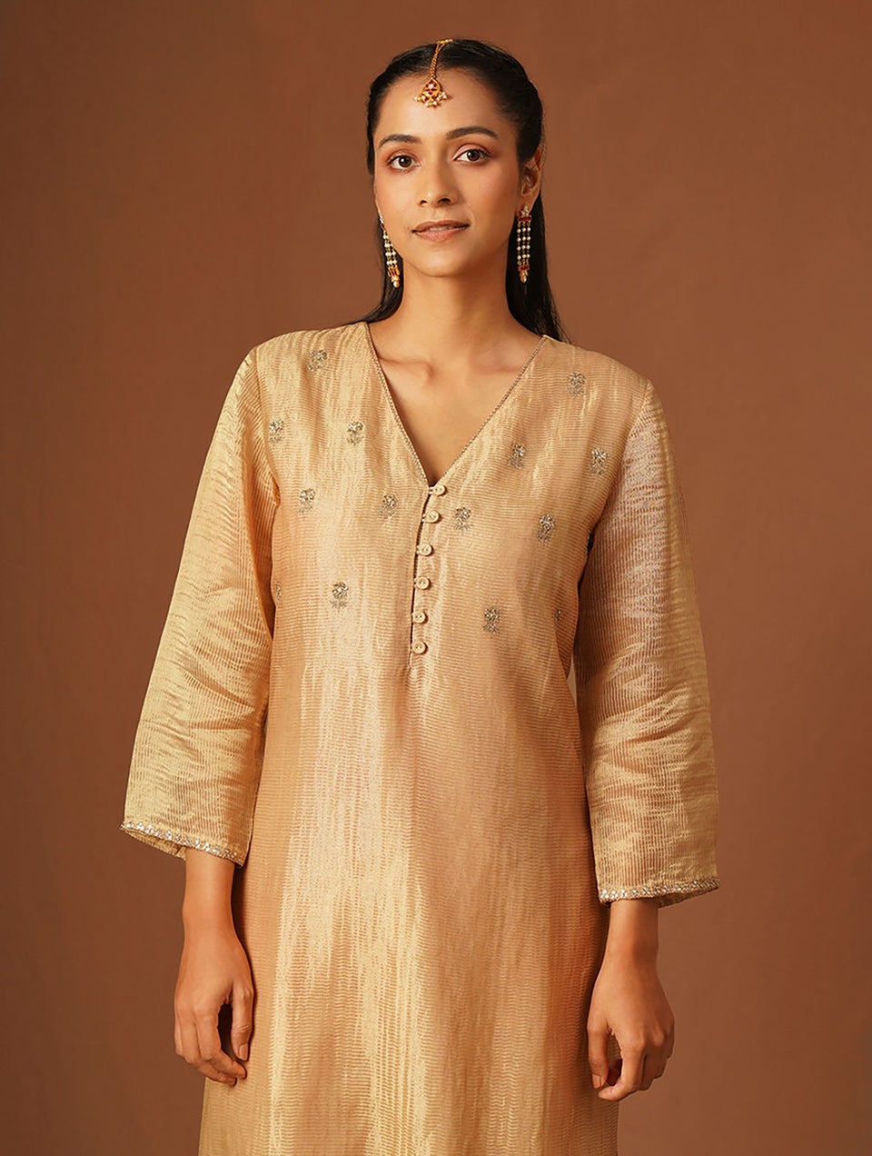 Women Nude Brown Cotton Silk Embroidered V Neck Straight Kurta With Pant - M