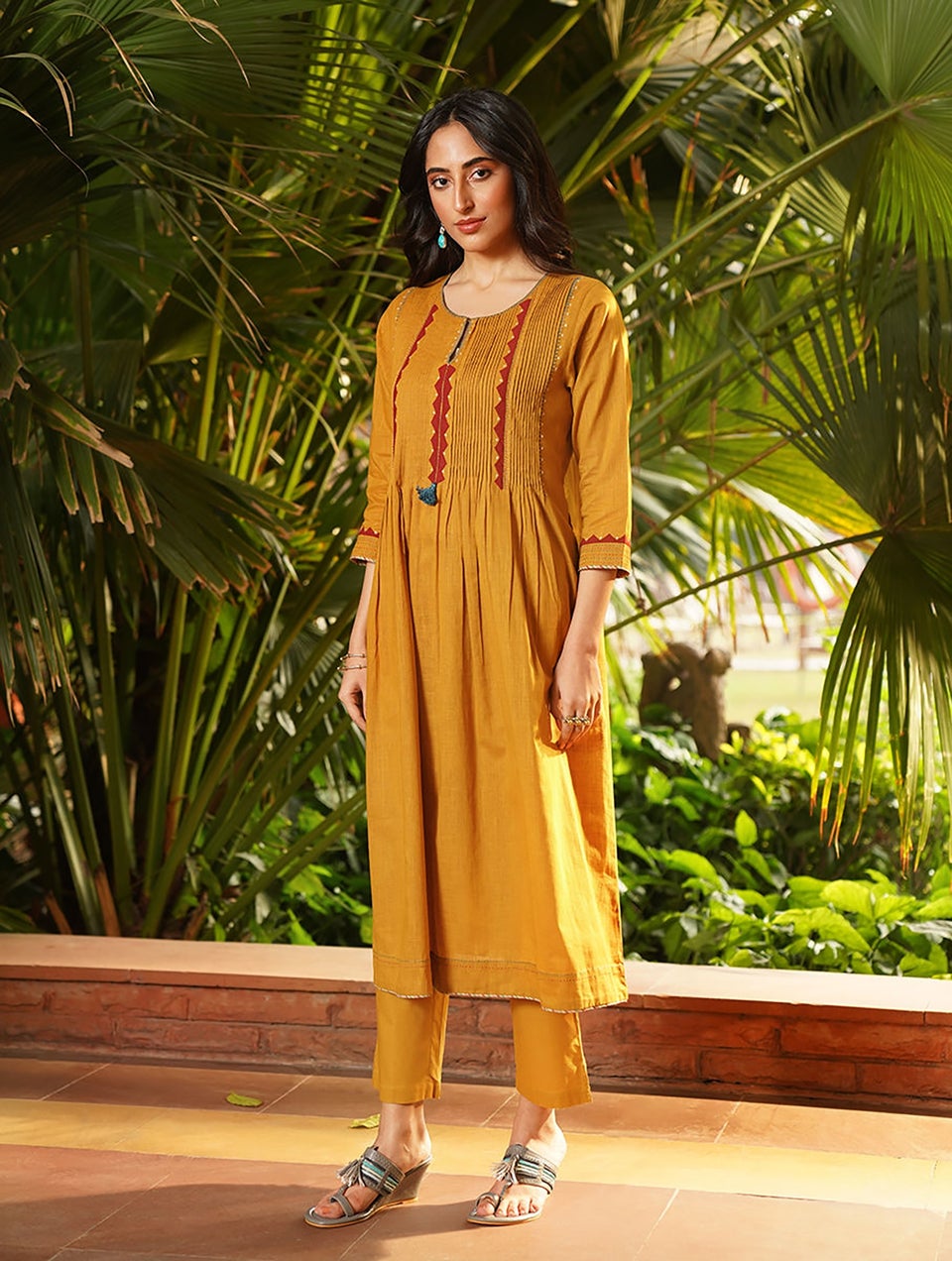 Women Mustard Yellow Cotton Applique Round Neck Flared Kurta - S