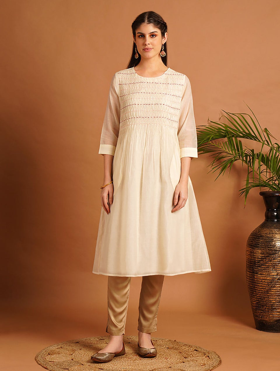 Women Ivory Silk Cotton Round Neck Flared Kurta - S