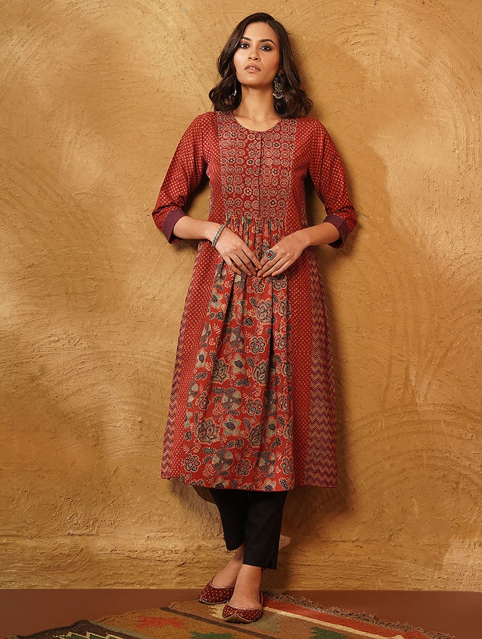 Jaypore Women Red Ajrakh Cotton Kurta Dress 587