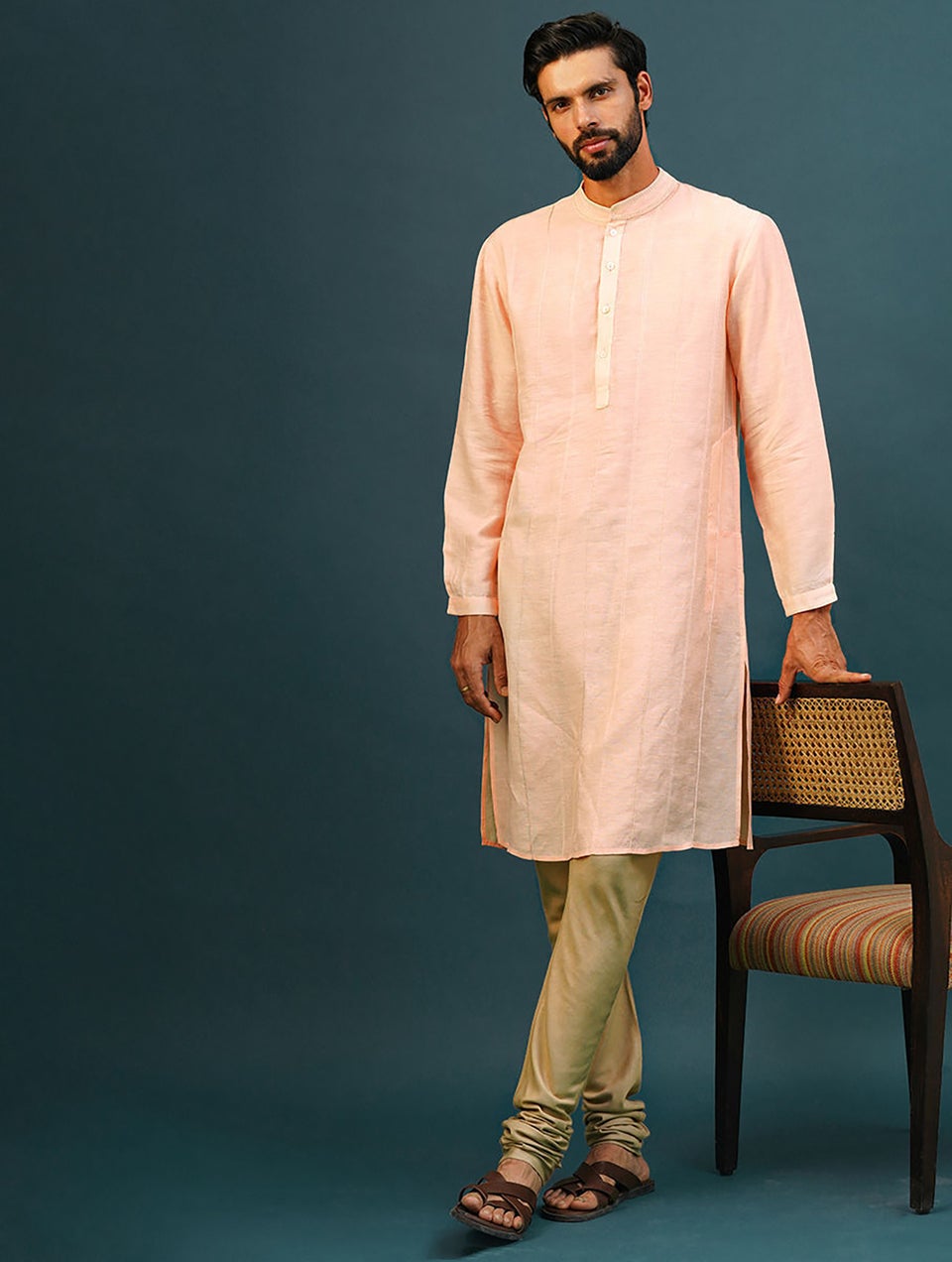 Men Peach Orange Viscose Linen Mandarin Collar Regular Fit Kurta - 40