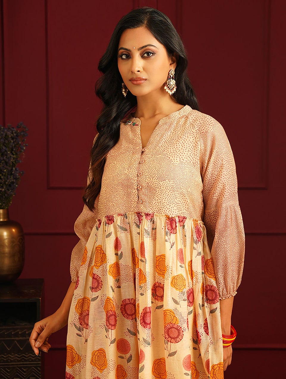 Women Multicolour Cotton Silk Block Print Mandarin Collar Flared Kurta - XS